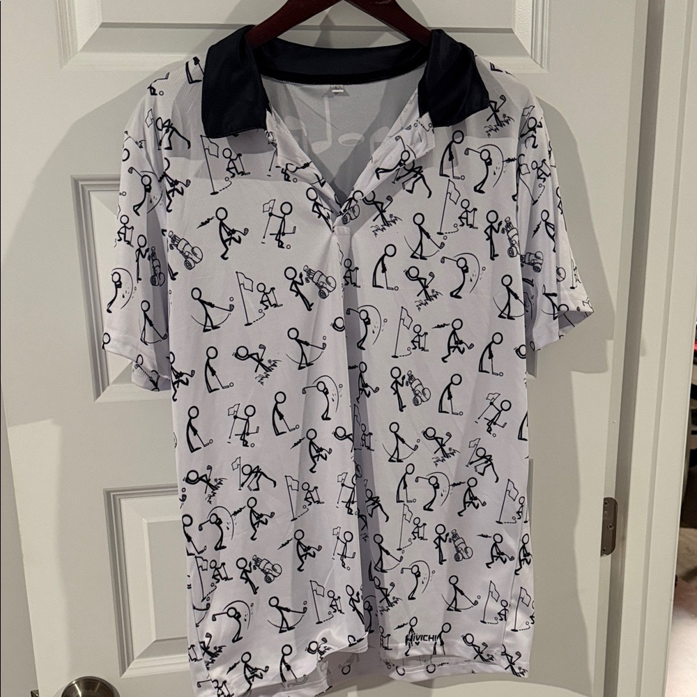 Men's Hivichi White and Black Golf Stick Figure Graphic Collared Polo Shirt